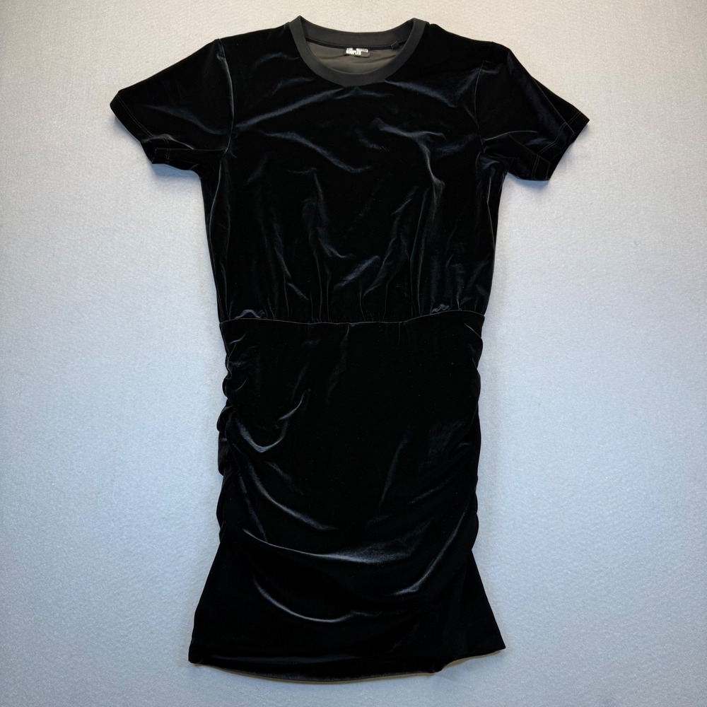 The Kooples Black Velvet Ruched Mini Dress Short Sleeve Crew Neck Sz 2